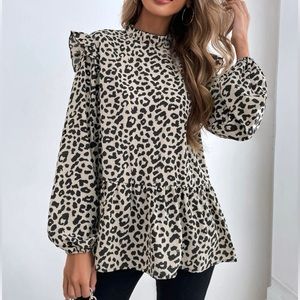 Leopard Bishop Sleeve Ruffle Hem Blouse